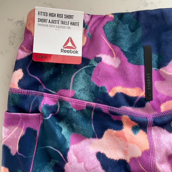 Reebok Fitted Hi Rise Poly Spandex Short Abstract Floral Print Purple Navy Sz S - Picture 3 of 11